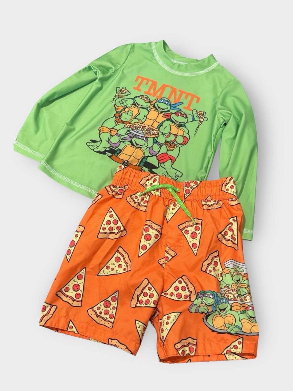 TMNT Rash Guard Swim Set 3T Nickelodeon Ninja Turtles Pizza Neon Vibrant Orange